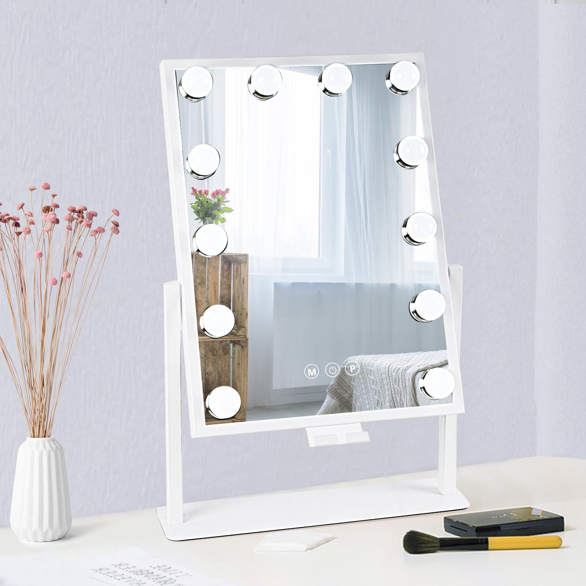 BWLLNI Lighted Makeup Mirror, White Vanity Mirror with Lights,9 LED Bulbs | Hollywood Mirror Touch Control Design 3 Colors Dimable LED Bulbs, Detachable 10X Magnification, 360°Rotation,12" L x 14" W
