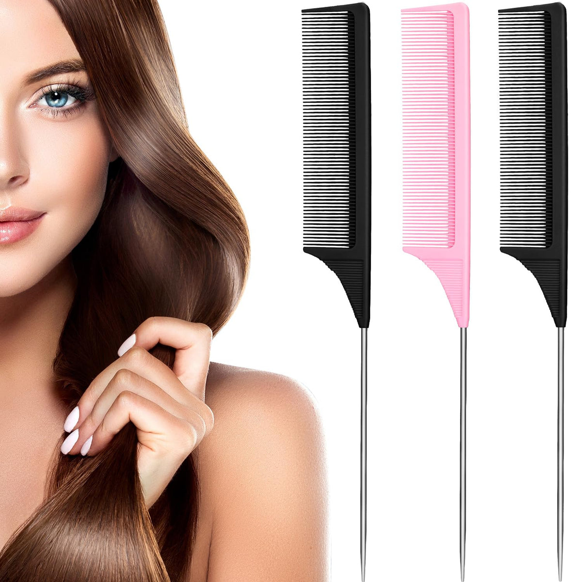 Leinuosen 3 Pack Rat Tail Comb Carbon Fiber,Black | Steel Pin Tail for Sectioning, Heat Resistant Teasing, Pick Comb for Women Wig Styling, Fishtail Design for Salon Updos