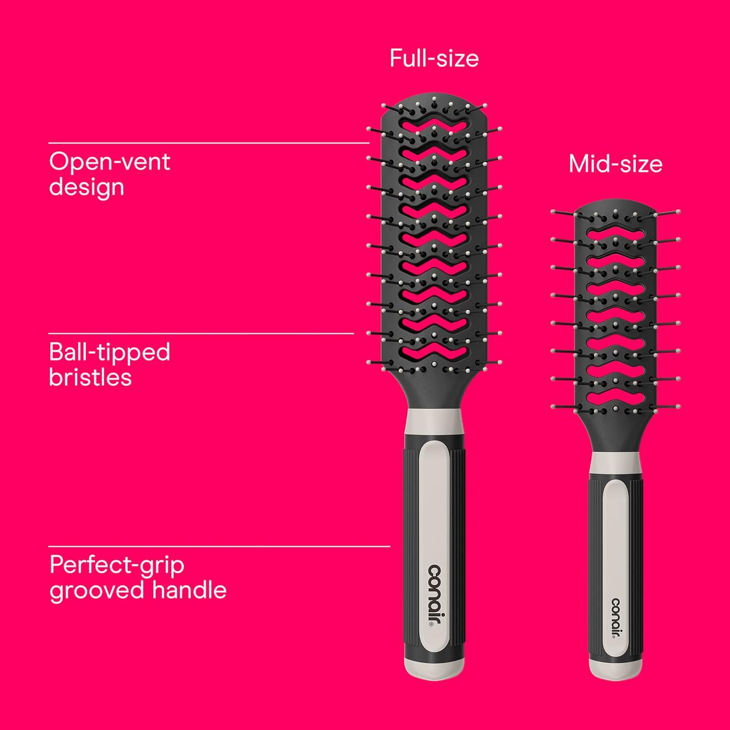 Conair Grip & Lift Vent Hairbrush, Full-Size and Mid-Size Brush Set, Nylon Bristle Hair Brushes for Blowout Styling, Value Pack, Color May Vary