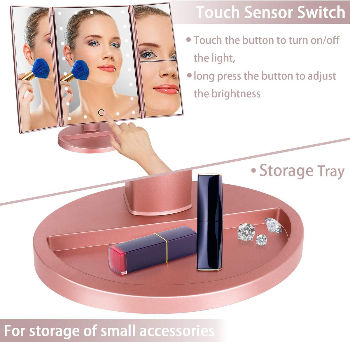 Dresser Mount Tri-Fold Lighted Vanity Mirror with 21 LED Lights, Touch Screen and 3X/2X/1X Magnification, Two Power Supply Modes Make Up Mirror,Travel Mirror