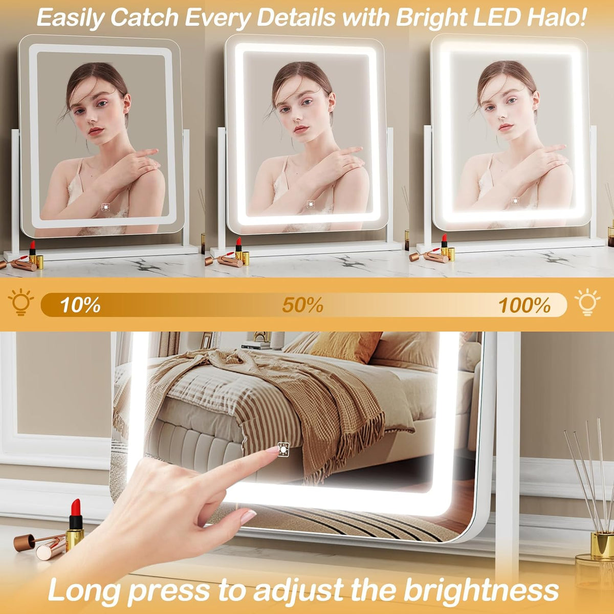 Gvnkvn Lighted Makeup Mirror, Hollywood Vanity Mirror with Lights, Three Color Lighting Modes, and Detachable 10X Magnification Mirror, Smart Touch Control, 360°Rotation (15.2in. Gold)