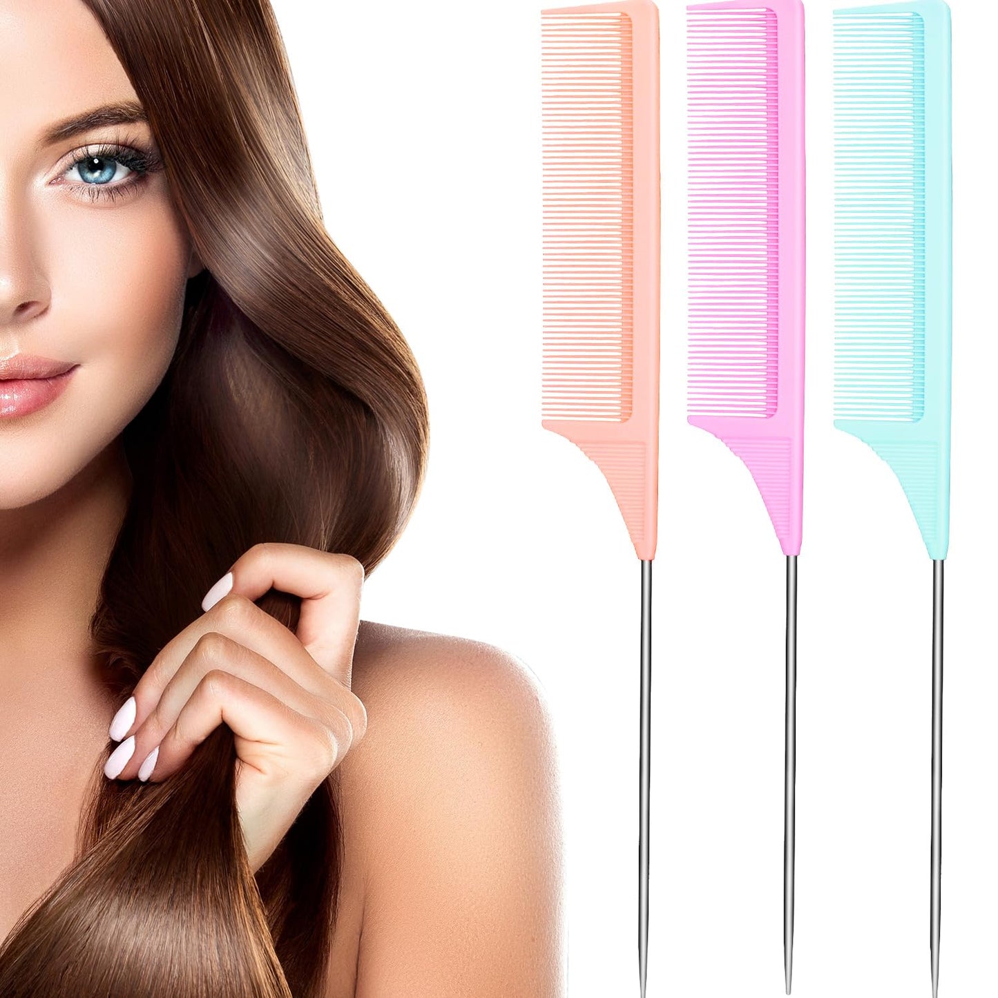 Leinuosen 3 Pack 9 Inch Rat Tail Comb with Metal Pick, Carbon Fiber,Pink | Heat Resistant Styling, Lightweight Sectioning, Fine Tooth for Precise Parting, Teasing Tool for Wigs and Women Haircare