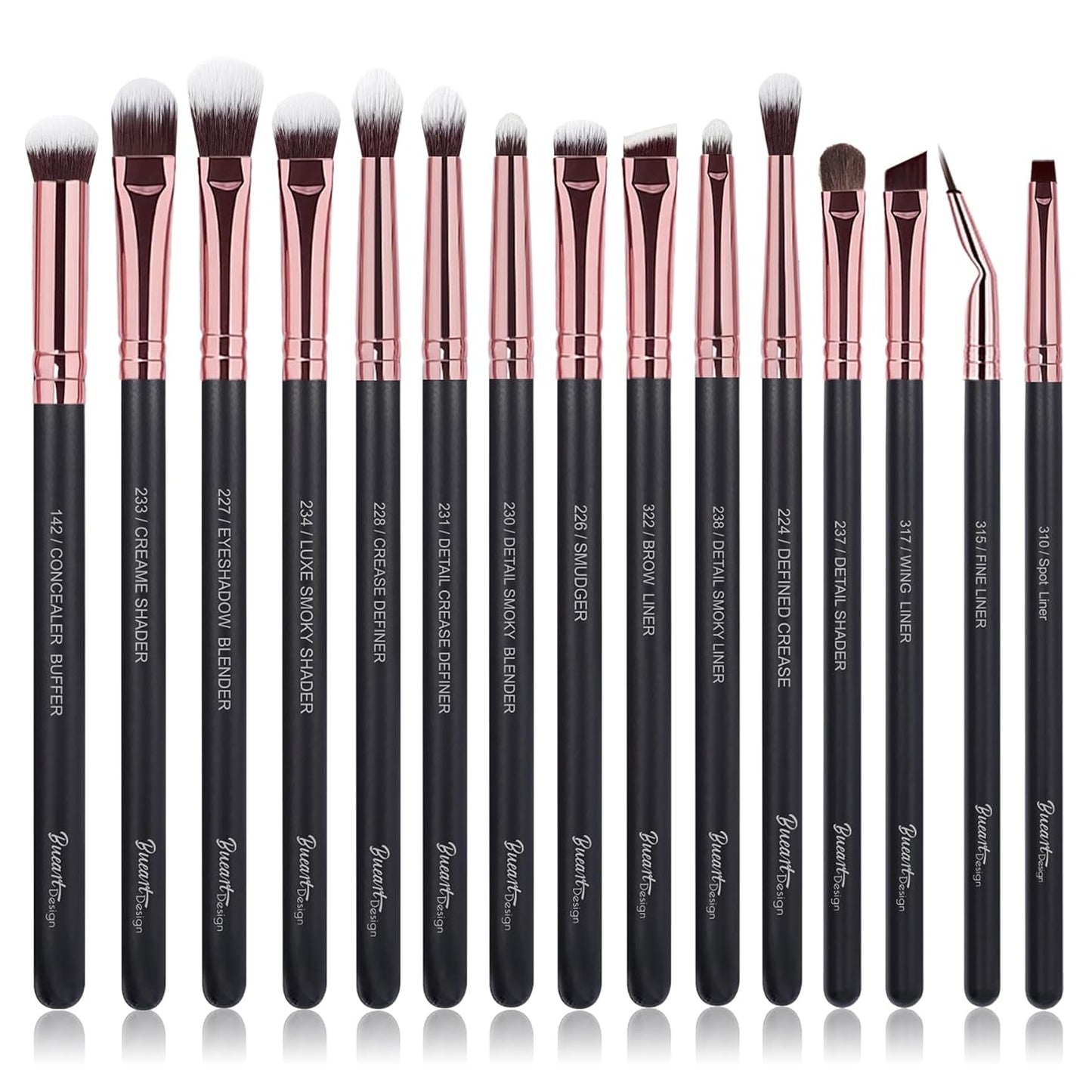 Bueart Design 15Pcs Professional Eye Makeup Brushes Set (Rose Gold &Black) | Ultra-soft Synthetic Bristle,Essential EyeShadow Brush Set with wood Handle for eyeshadow,concealer,eyebrow,eyeliner blending