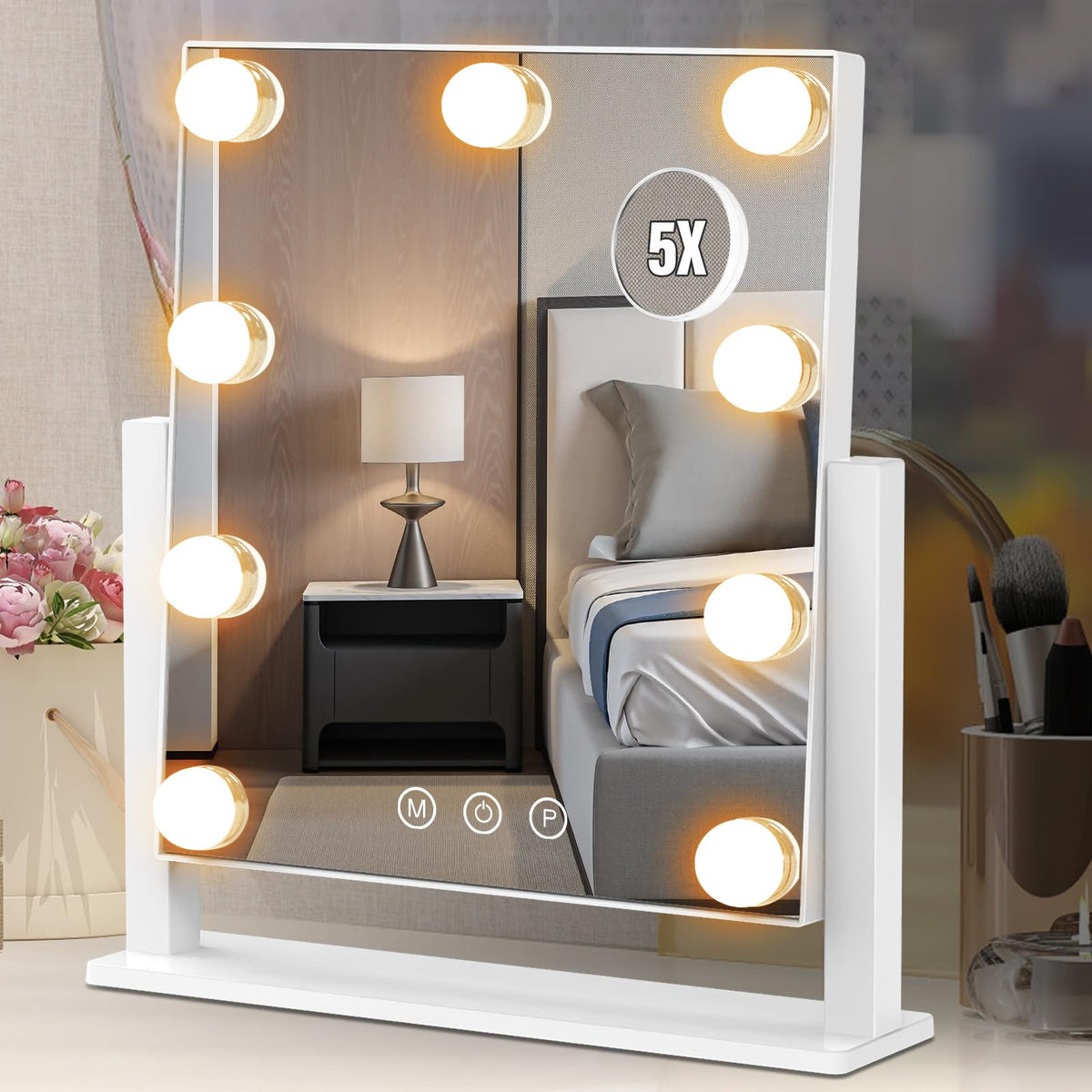 Dirket Vanity Mirror with Lights, Hollywood Lighted Makeup Mirror with 3 Color Lighting Modes and 12 Dimmable Bulbs, Detachable 5X Magnification, Smart Touch Control, 360°Rotation, White