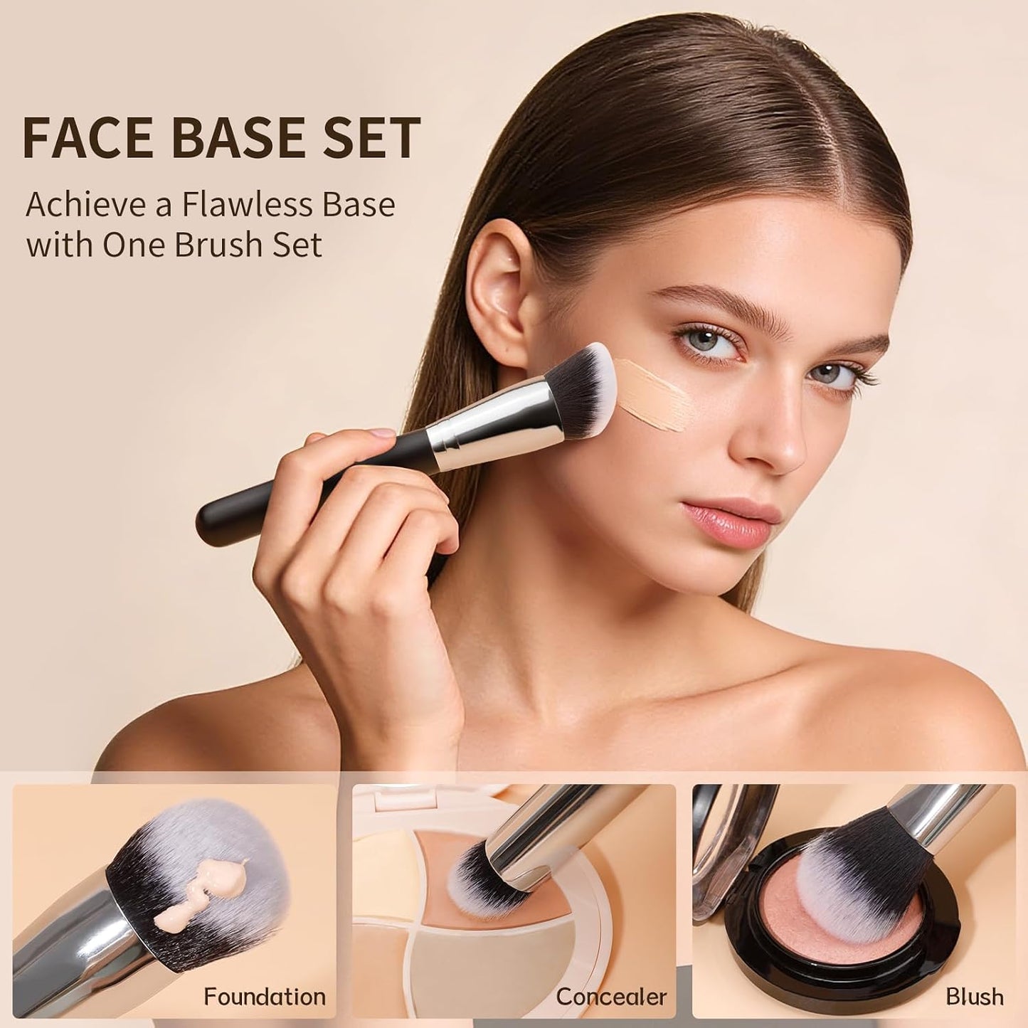 DUcare 3 Pcs Foundation Contour Blush Conceal Brush Set, Angled Synthetic Kabuki Brush for Blending Setting Buffing with Liquid, Cream and Powder Cosmetic(Black)