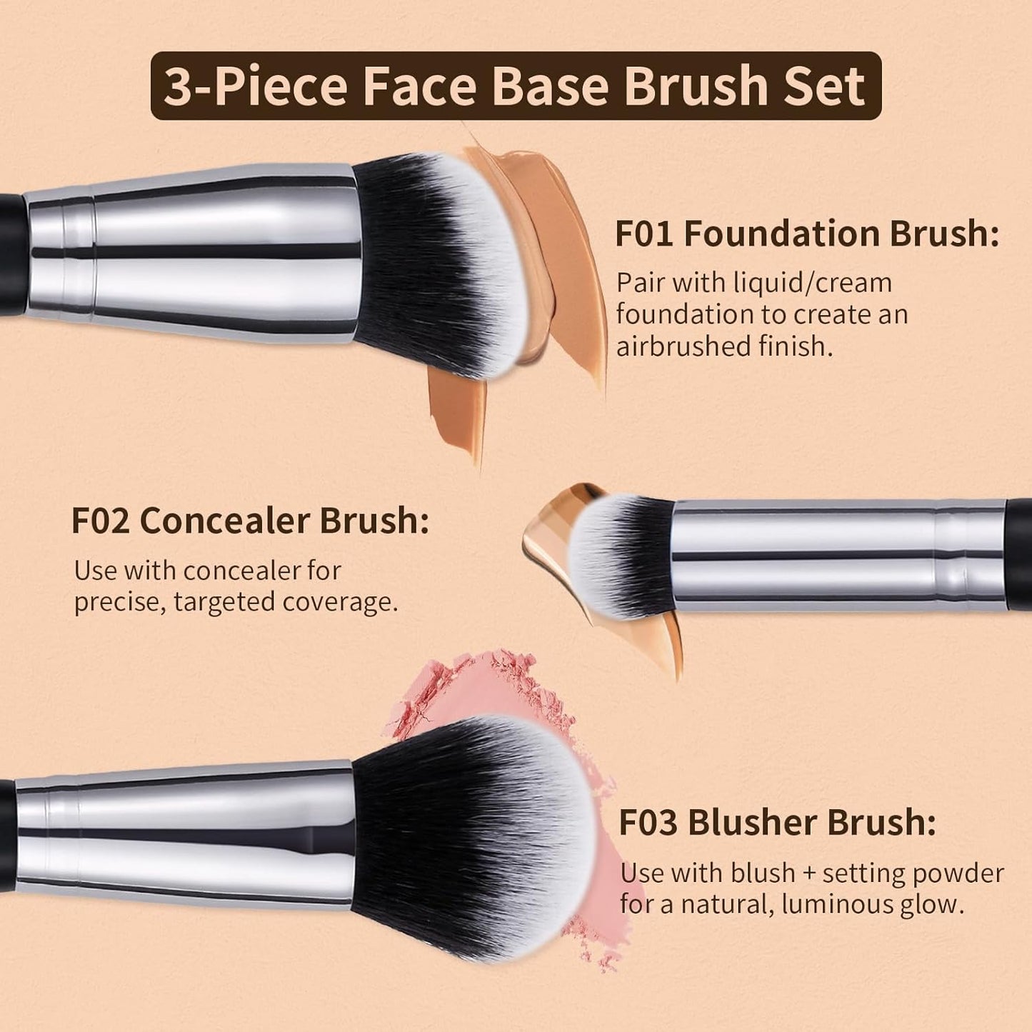 DUcare 3 Pcs Foundation Contour Blush Conceal Brush Set, Angled Synthetic Kabuki Brush for Blending Setting Buffing with Liquid, Cream and Powder Cosmetic(Black)