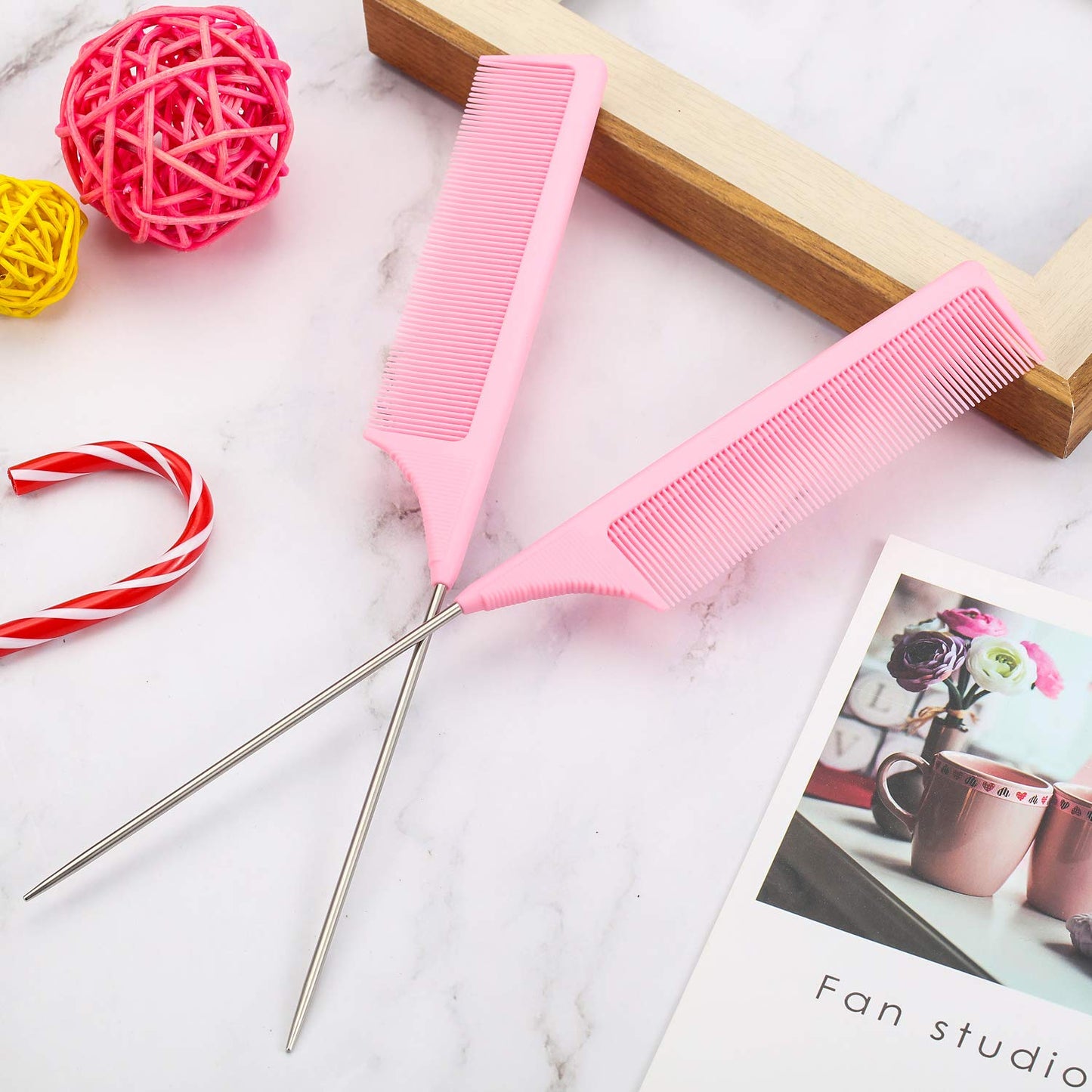 Leinuosen 3 Pack 9 Inch Rat Tail Comb with Metal Pick, Carbon Fiber,Pink | Heat Resistant Styling, Lightweight Sectioning, Fine Tooth for Precise Parting, Teasing Tool for Wigs and Women Haircare
