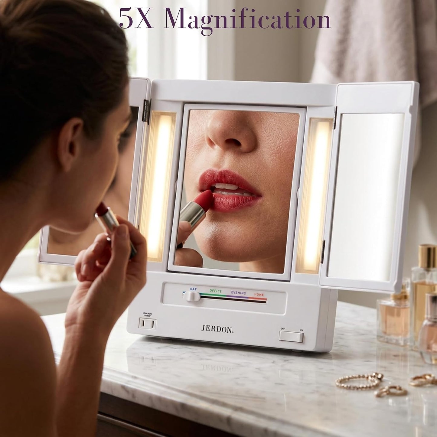 JERDON Lighted Makeup Mirror with 5X Magnification - White - JGL9W | Tri-Fold Two-Sided Design, Multiple Light Settings