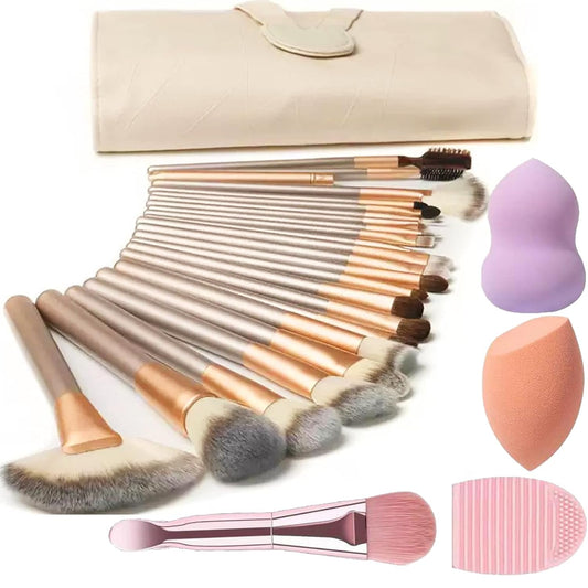 Complete Make Up Brush Sets for Women, NEVSETPO 28PCS Synthetic Makeup Kits Include 24 Makeup Brushes,2 Beauty Blenders, 1 Masks Spatula, 1 Cleaning Mat, Travel-Friendly Case