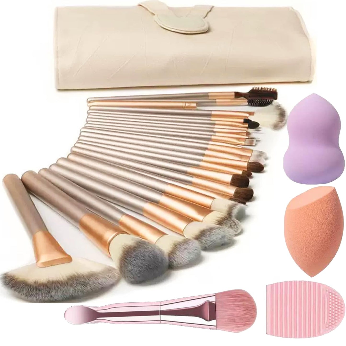 Complete Make Up Brush Sets for Women, NEVSETPO 28PCS Synthetic Makeup Kits Include 24 Makeup Brushes,2 Beauty Blenders, 1 Masks Spatula, 1 Cleaning Mat, Travel-Friendly Case