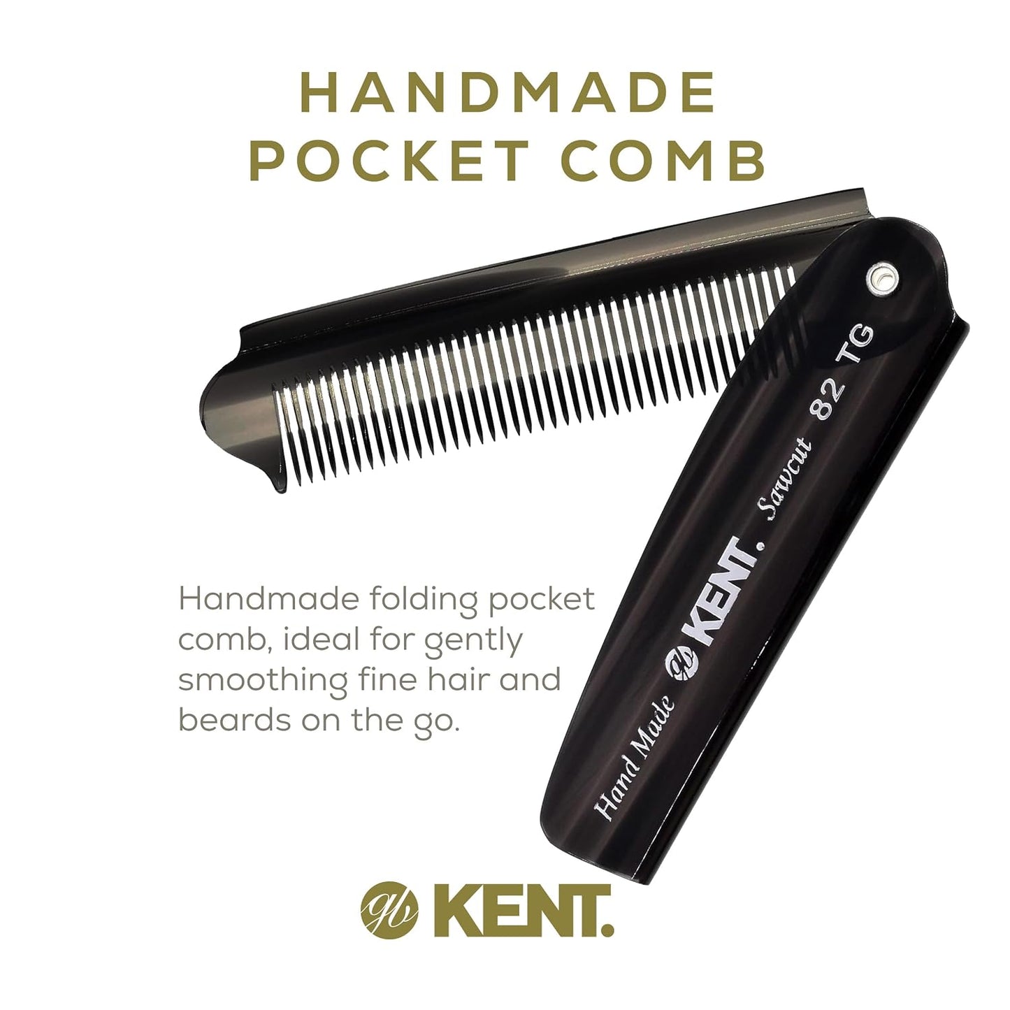 Kent 82T Black Graphite Folding Pocket Comb for Men, Fine Tooth Hair Comb Straightener for Everyday Grooming, Beard or Mustache, Use Dry or with Balms, Saw Cut Hand Polished, Made in England