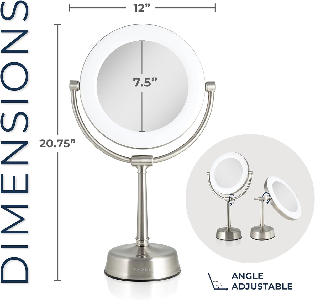 Zadro Lexington LED Lighted Makeup Mirror with Magnification Two-Sided Swivel Mirror with Lights for Makeup Desk Vanity (10X/1X, 12" W x 20" H, 10" Head, 7.5" Mirror, Satin Nickel)