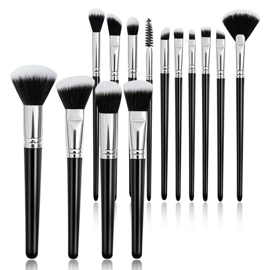 Makeup Brushes, 14 Pcs Travel makeup Brush Set, Black | Fibrous bristles, high density, fluffy, one-handle design，for Foundation, Concealer, Blush and Eyeshadow Brush
