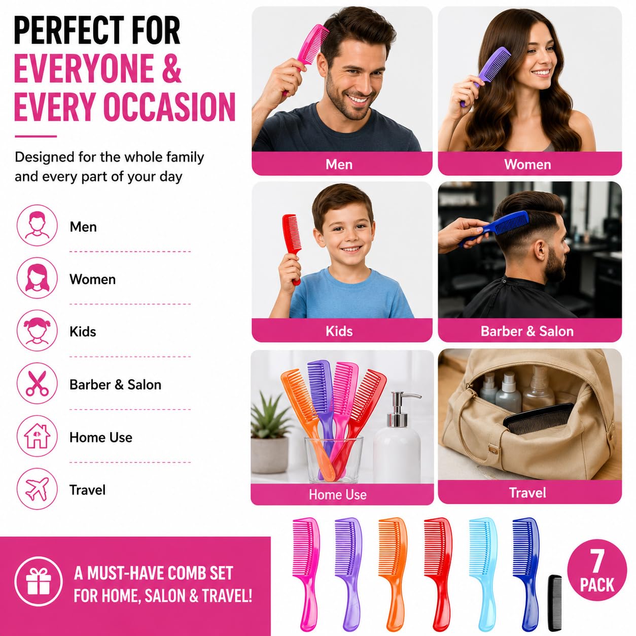 (6 Pack) 8" Colorful Dressing Comb Dresser Comb Round Handle Comb Hair Combs and (1 Pack) 5" Favorict Pocket Comb (A)
