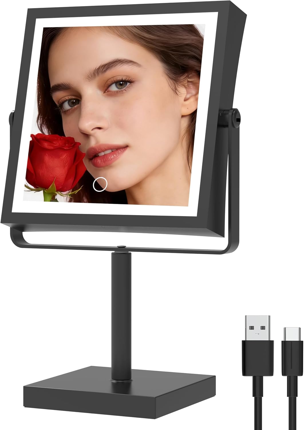 Ruacq Makeup Mirror with Lights 1X/10X Height Adjustable Matte Black | 8",4000mAh Rechargeable,Dual Sided Magnifying Vanity Mirror,3 Color Lights,Adjustable Brightness,Square,Gift for Women