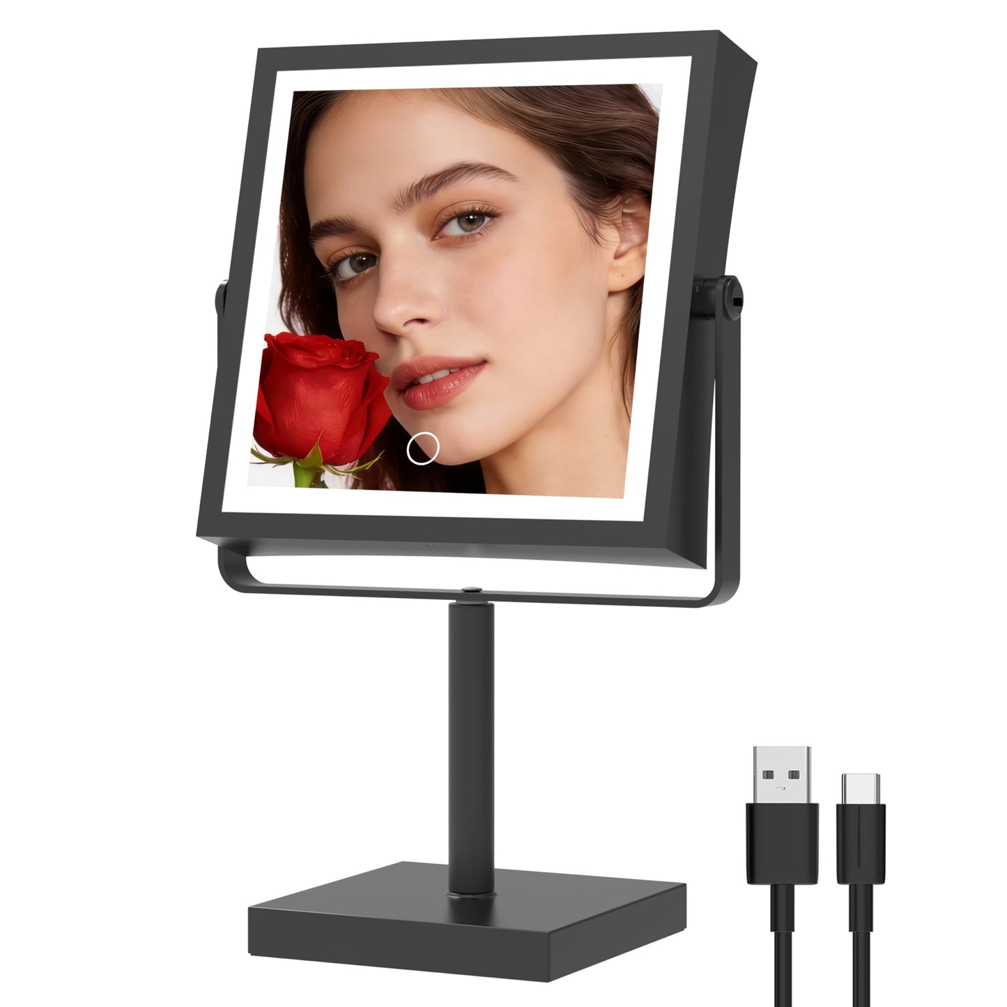 Ruacq Makeup Mirror with Lights 1X/10X Height Adjustable Matte Black | 8",4000mAh Rechargeable,Dual Sided Magnifying Vanity Mirror,3 Color Lights,Adjustable Brightness,Square,Gift for Women