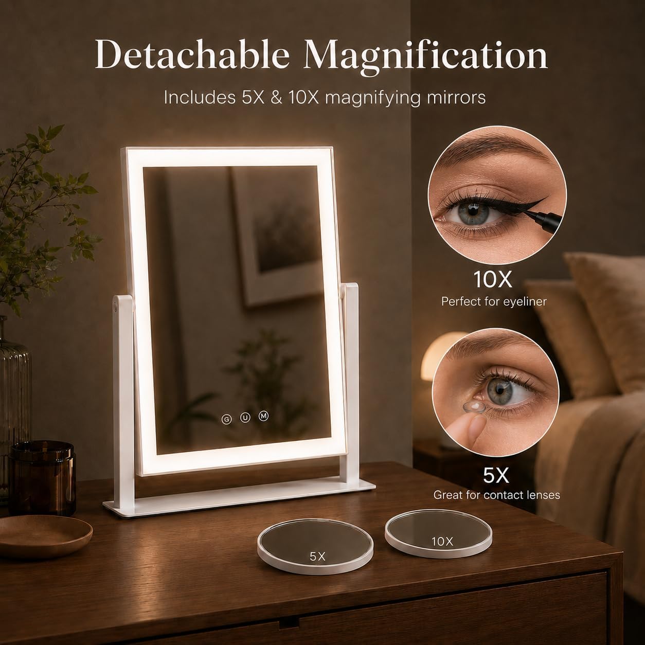 Decadence 17.3 x 13 in Lighted Makeup Mirror, 10X/5X Magnifiers | Plug-in tabletop vanity mirror with 3 color lighting, dimmable touch control, 360° rotation, and removable 10X/5X magnifiers.
