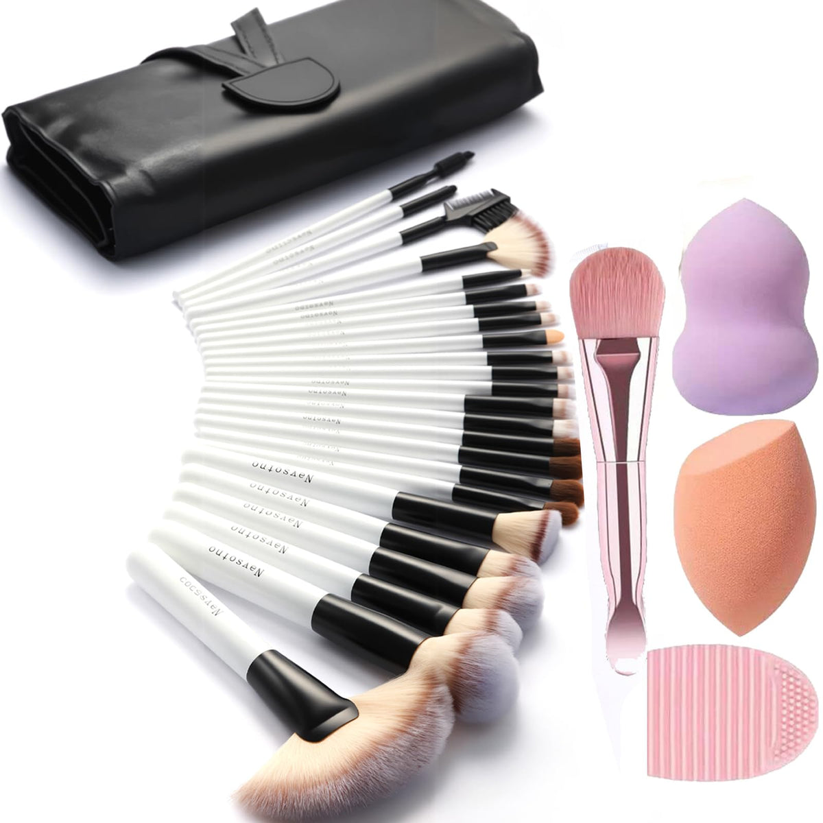 Complete Make Up Brush Sets for Women, NEVSETPO 28PCS Synthetic Makeup Kits Include 24 Makeup Brushes,2 Beauty Blenders, 1 Masks Spatula, 1 Cleaning Mat, Travel-Friendly Case