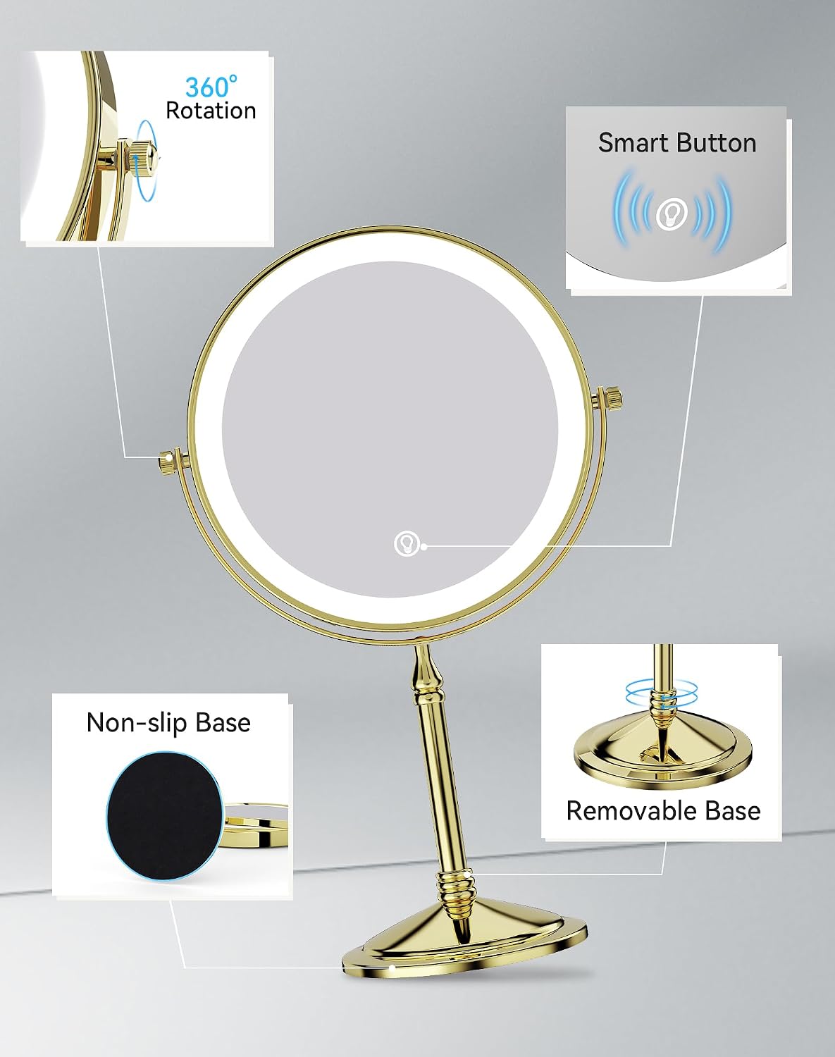 DOWRY 4000 mAh Rechargeable Lighted Makeup Mirror 10x Magnification Vanity Mirror Tabletop Two-Sided Swivel Gifts for Women Wife Mom Teengirls Mothers Day Gold Finish