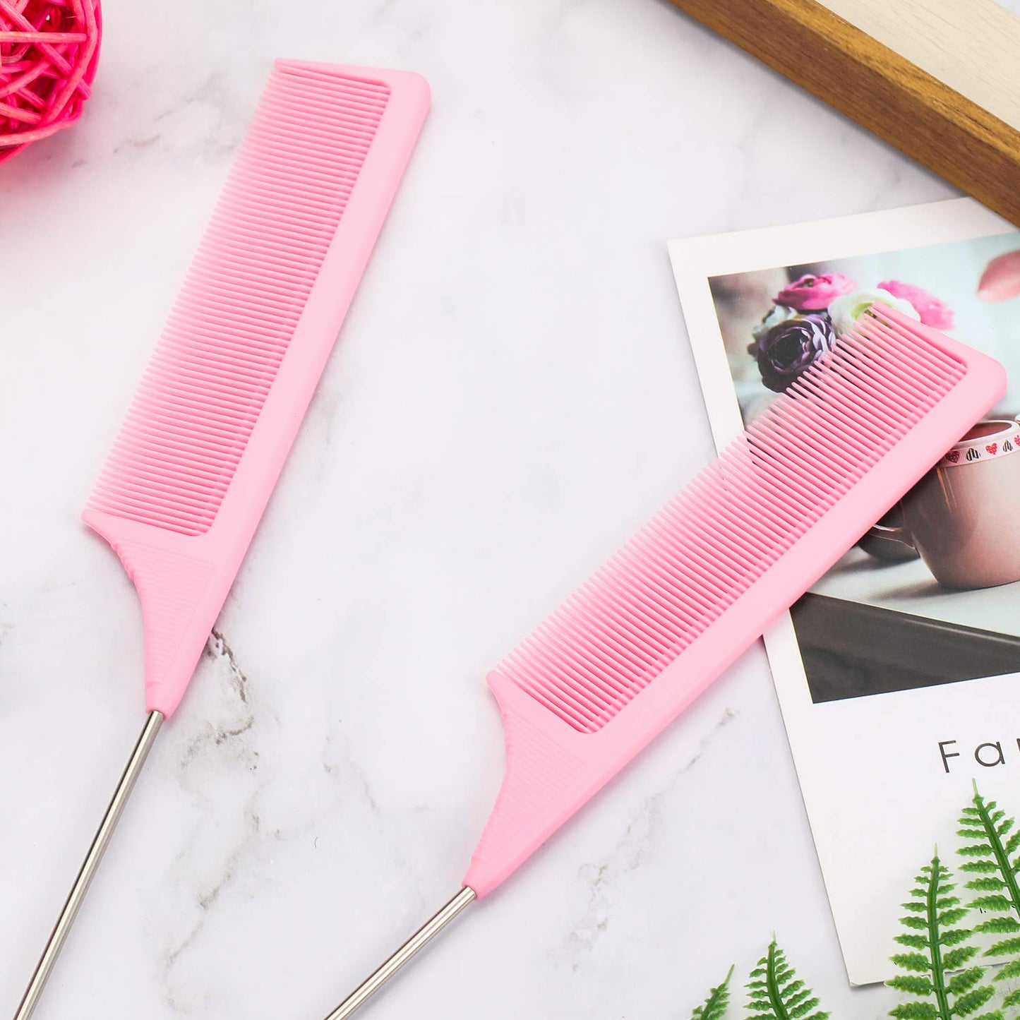 Leinuosen 3 Pack 9 Inch Rat Tail Comb with Metal Pick, Carbon Fiber,Pink | Heat Resistant Styling, Lightweight Sectioning, Fine Tooth for Precise Parting, Teasing Tool for Wigs and Women Haircare