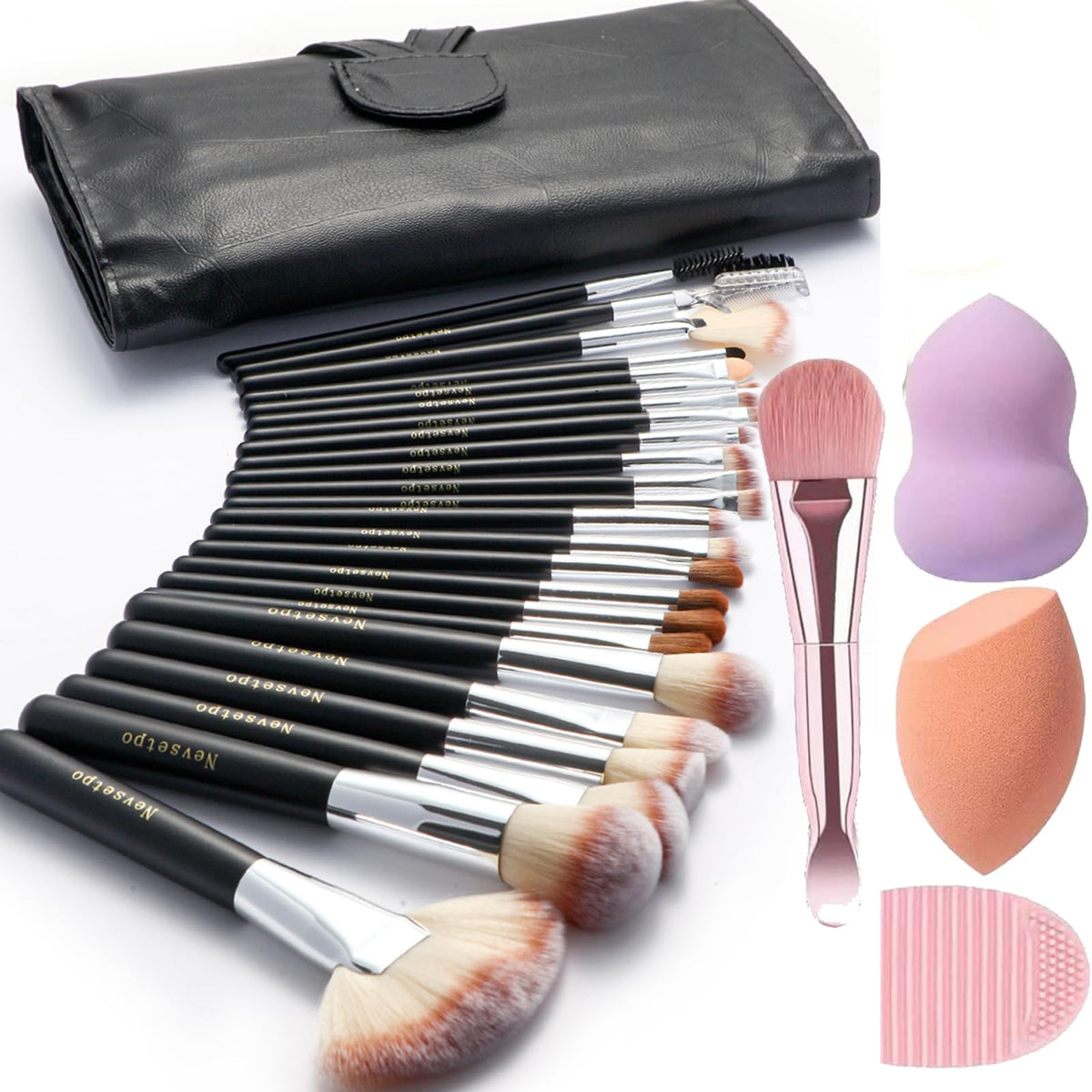 Complete Make Up Brush Sets for Women, NEVSETPO 28PCS Synthetic Makeup Kits Include 24 Makeup Brushes,2 Beauty Blenders, 1 Masks Spatula, 1 Cleaning Mat, Travel-Friendly Case