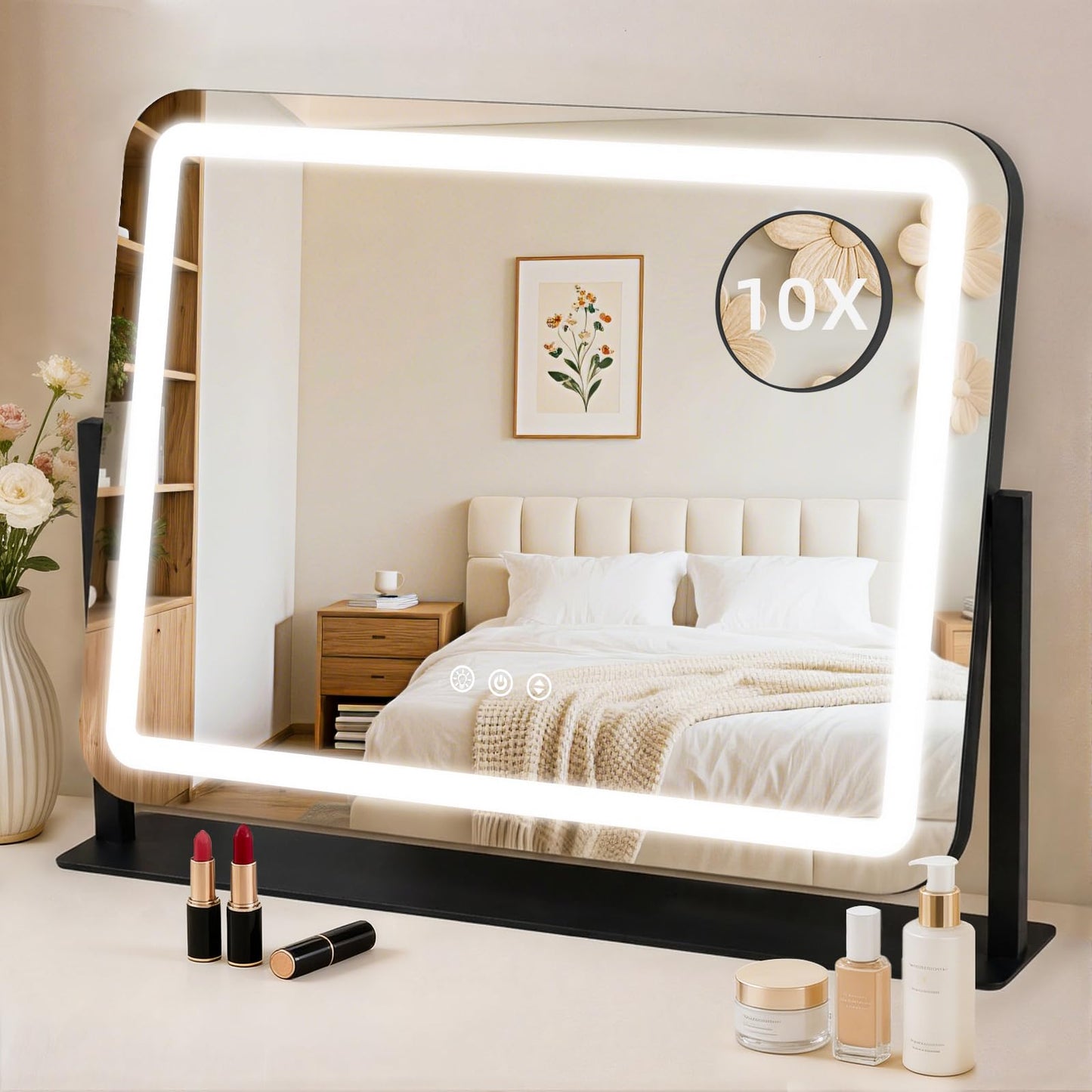 Vanity Mirror with Lights 22"x17", Lighted Makeup Mirror with 10X Magnification 4.5", 3 Color Dimmble Lights, Touch Control, 360° Rotation, Metal Frame, Women's Gift, For Bedroom/Dressing Room, White