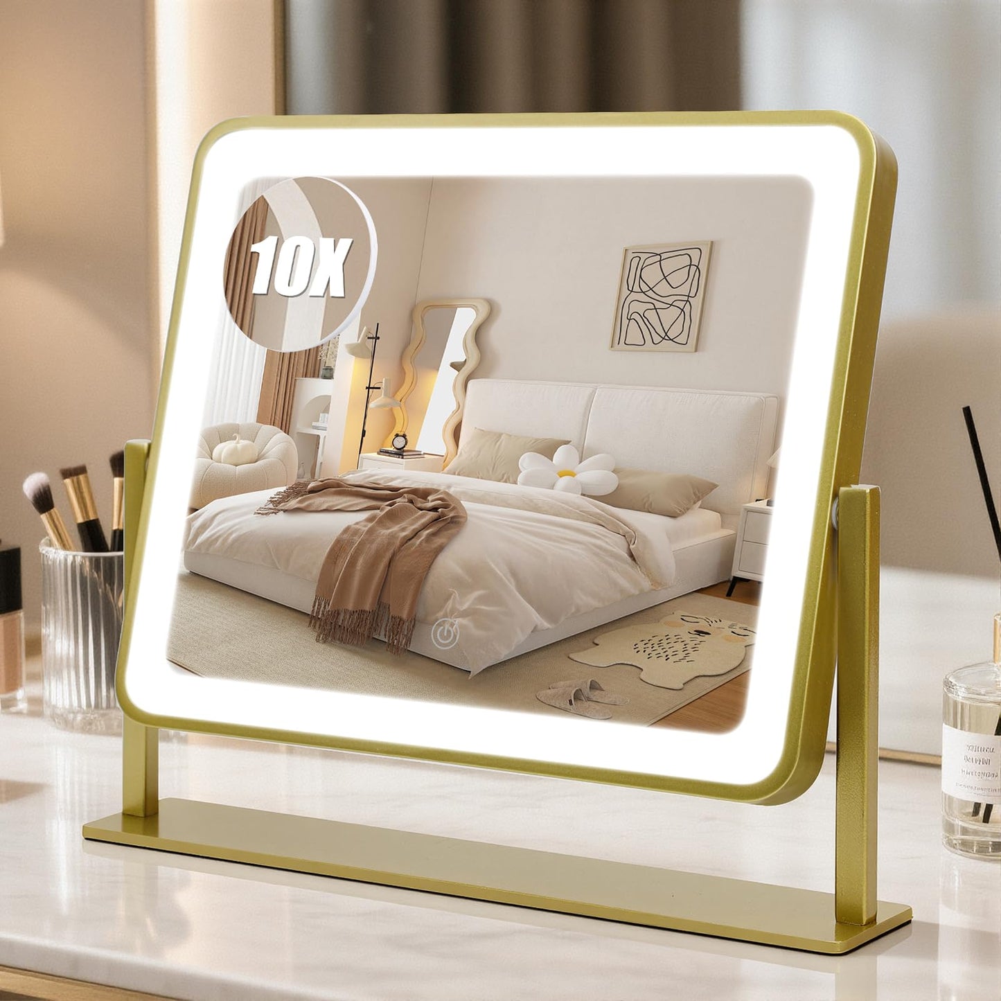 Rechargeable Vanity Mirror with Lights, 10"×8" Makeup Mirror with Lights, 1500mAH Battery, Smart Touch with 3-Color Lighting, Dimmable, HD Desk Mirror, Travel Essentials, Women Gift (White)