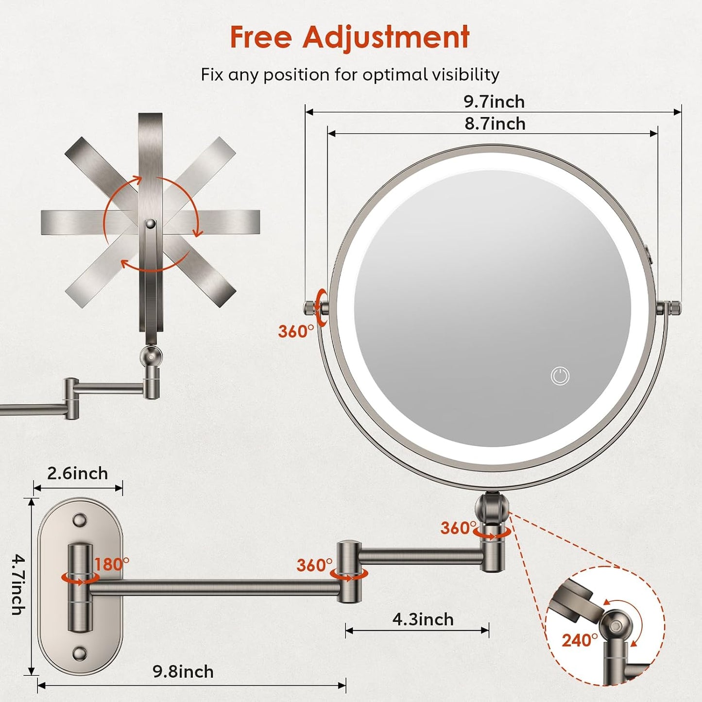 ZLOKLA 9" Wall Mounted Lighted Makeup Mirror,4000mAh Rechargeable Double Sided 1X/30X Magnifying Mirror with Light,Touch Dimmable,Extended Arm 360 Rotation Wall Mounted Makeup Mirror 3 Color Lights-N