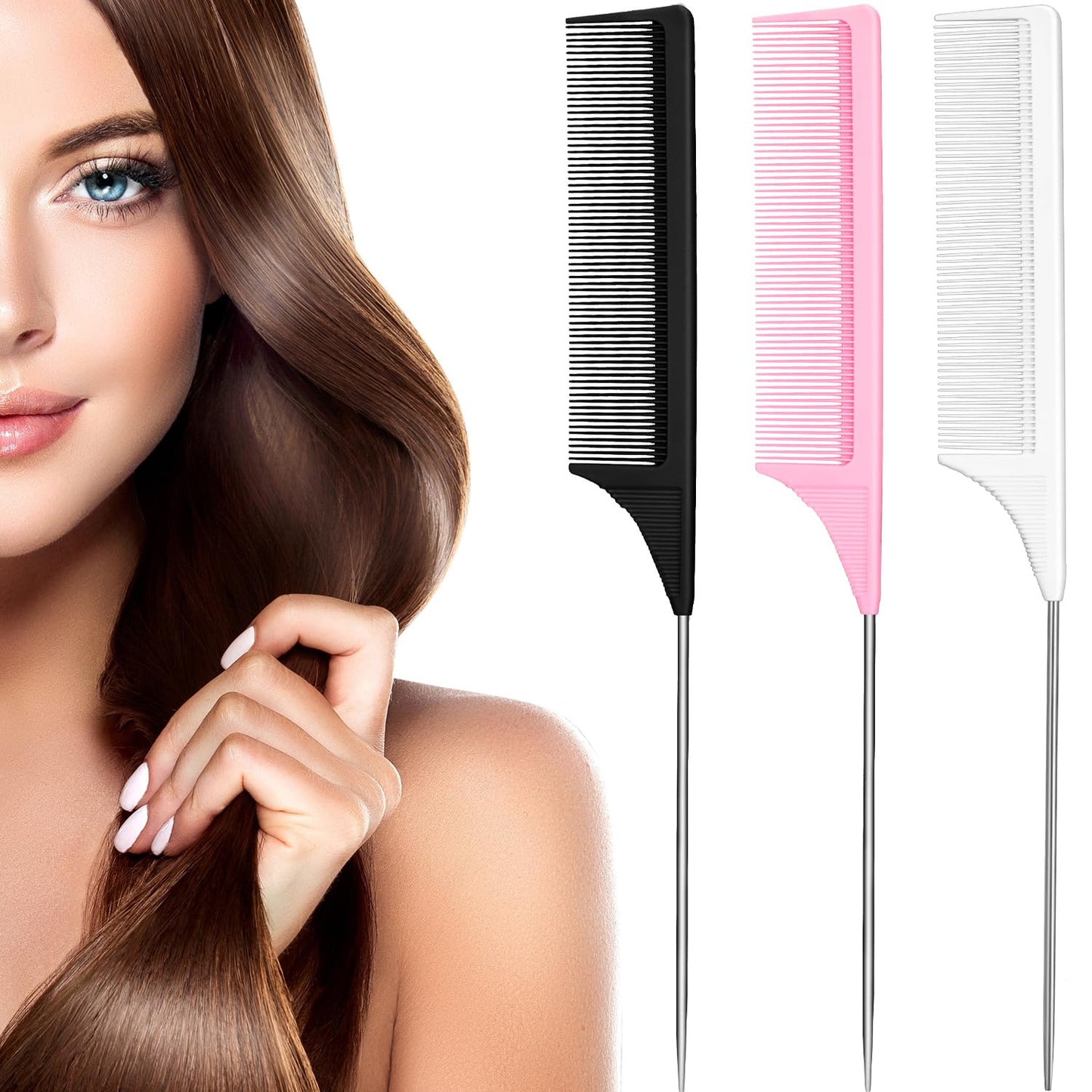 Leinuosen 3 Pack Rat Tail Comb Carbon Fiber,Black | Steel Pin Tail for Sectioning, Heat Resistant Teasing, Pick Comb for Women Wig Styling, Fishtail Design for Salon Updos