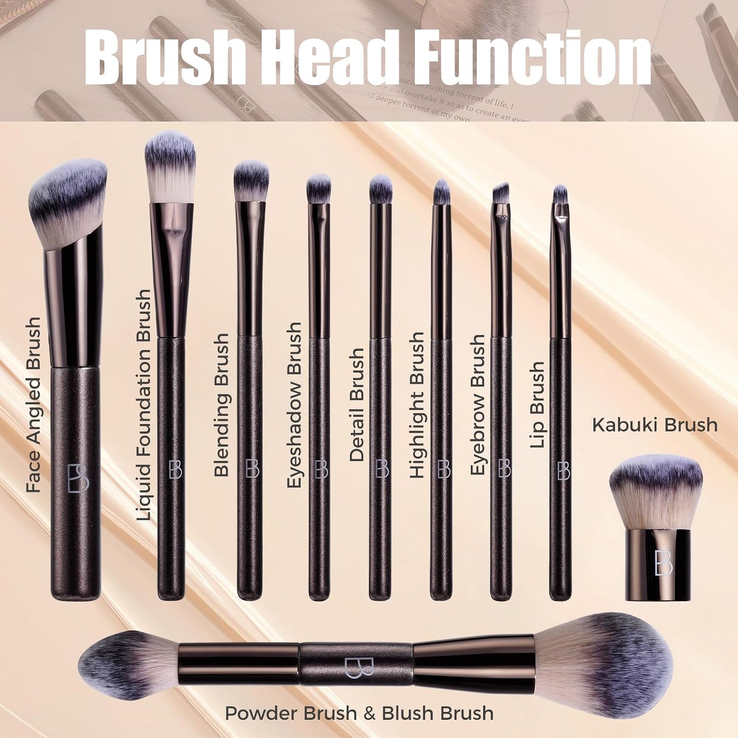 Travel Makeup Brush Set BS-MALL Ultra-Soft Synthetic Bristles Eyeshadow Brush, Foundation Brush for Liquid Makeup, Double-ended Travel Bag & Triangle Puff - Travel-friendly Multi-purpose Kit 10 Pcs