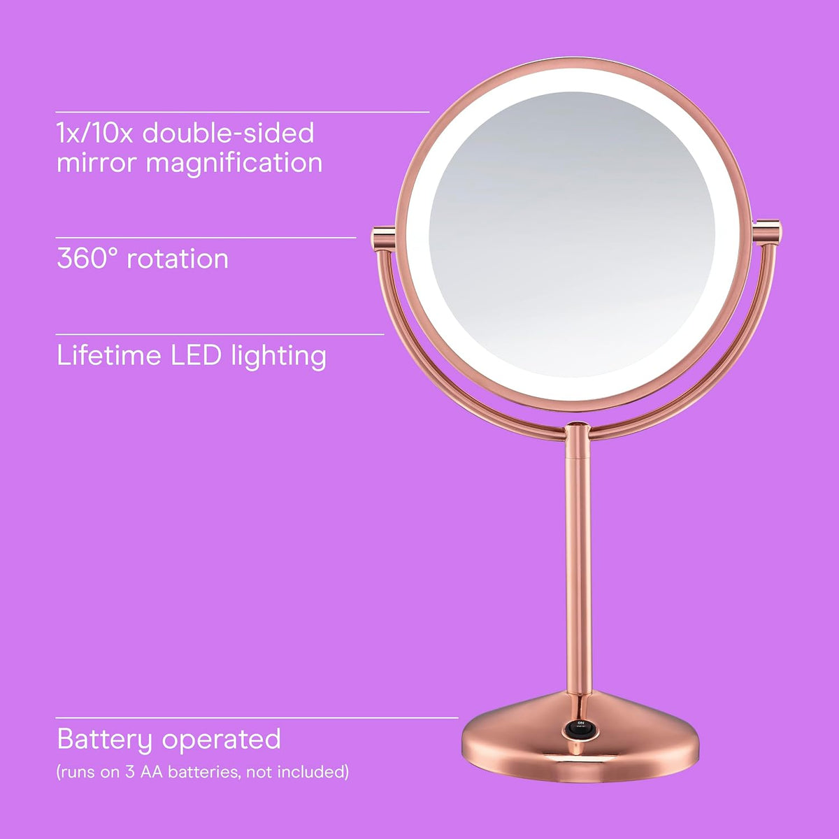 Conair Lighted Makeup Mirror, LED Vanity Mirror, 1X/10X Magnifying Mirror, Double Sided, Battery Operated in Rose Gold