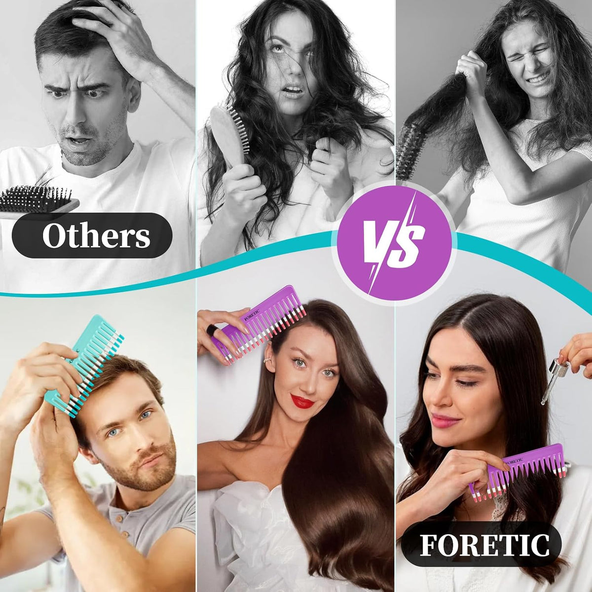 2-Pack Wide-Tooth Anti-Static Comb Set-6.1inch Handle-Free Design, Suitable for Curly, Wet & Dry Hair, Portable Travel Detangling Comb (Purple+Blue)