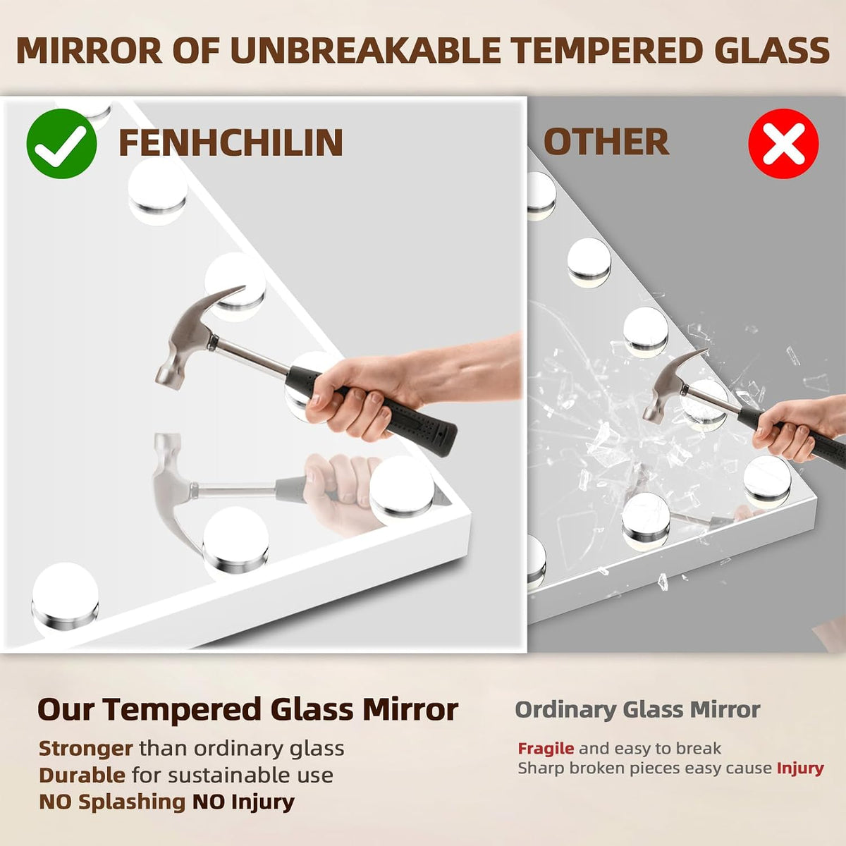 FENCHILIN Vanity Mirror with Lights, Hollywood Lighted Makeup Mirror with 15 Dimmable LED Bulbs for Dressing Room & Bedroom, Slim Metal Frame Design, Tabletop White