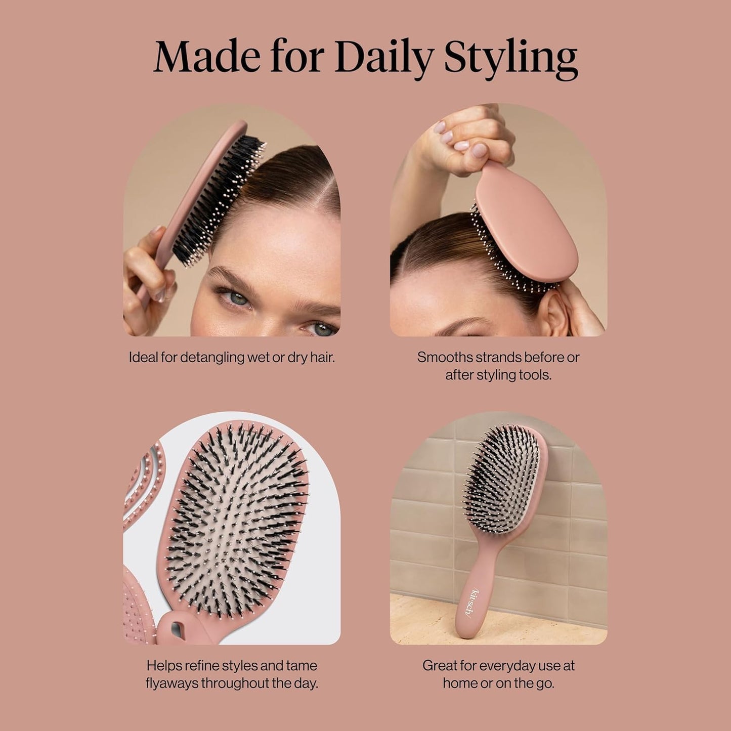 Kitsch Smooth & Polish Hair Brushes For Women and Men - Terracotta | Hairbrush For Women | Dual Bristle Detangler Brush – Vegan Boar & Nylon Hair Brush w/ Cushioned Pad for Scalp Massage