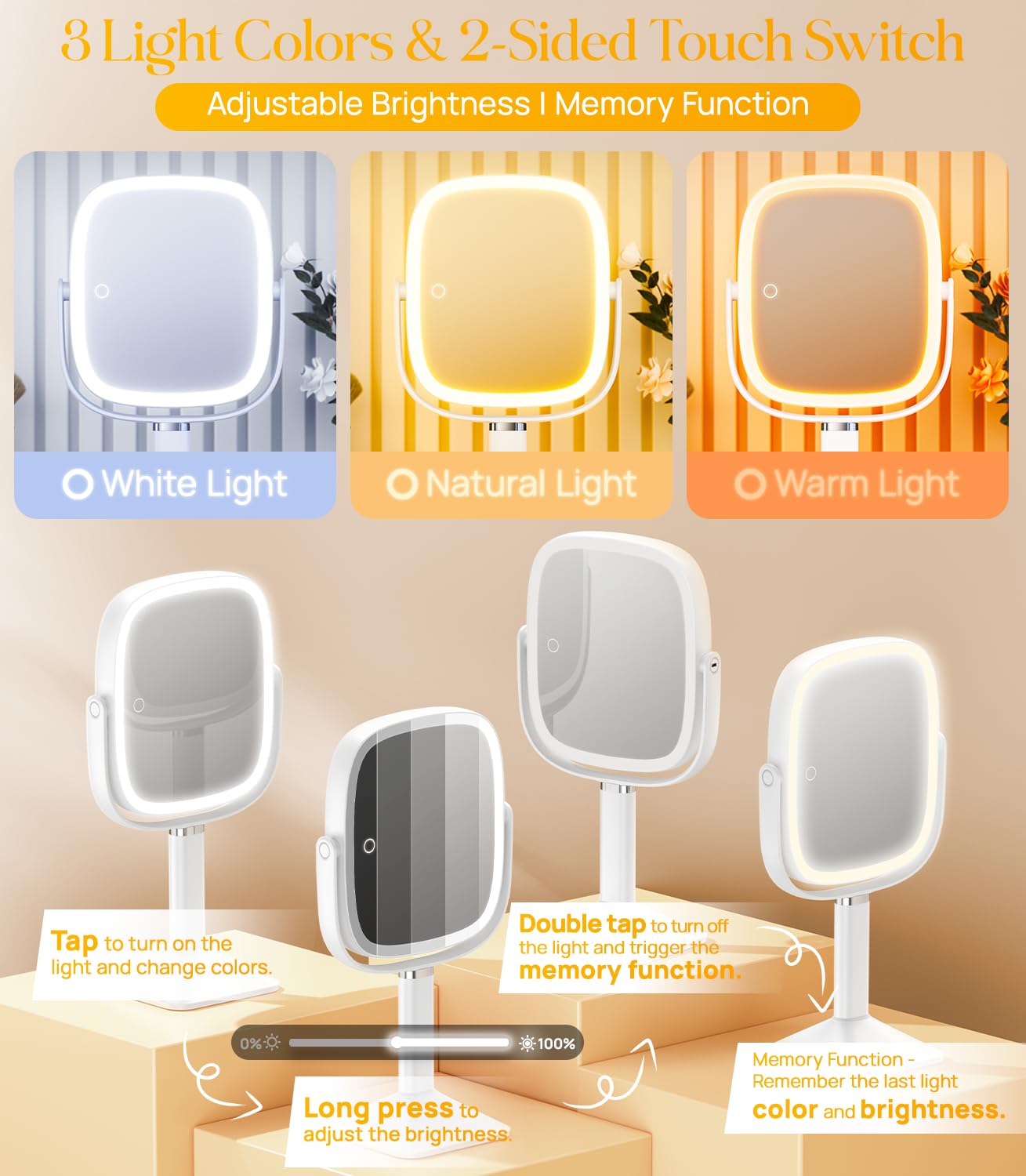 Gospire Rectangle Lighted Makeup Mirror with Lights 1X/7X Magnifying Mirror | Height Adjustable, 4000mAh Rechargeable for Bedroom, 8.5”x7.4” Large Surface, Stepless Dimming - White