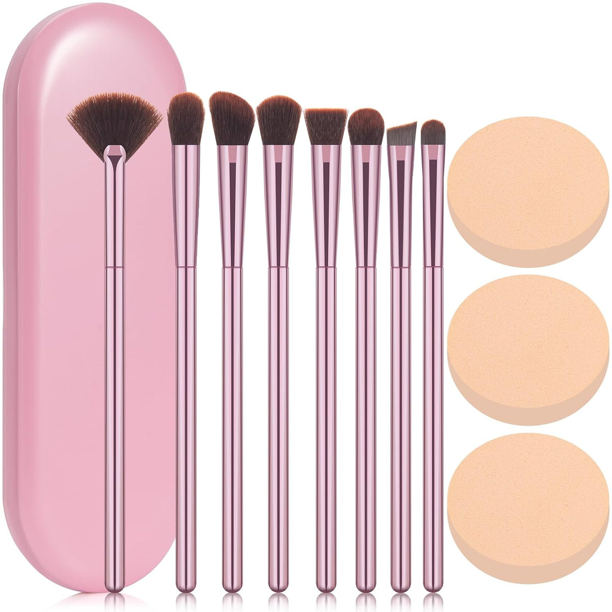 8Pcs Makeup Brushes Set Premium Eyeshadow 3 Puffs Pink Case 12 in 1