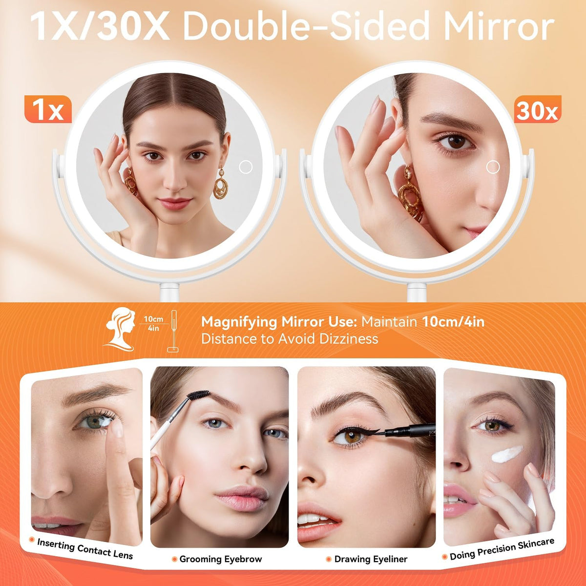 Auxmir 30X/1X Detachable Makeup Mirror with Lights, 3-Color Dimmable Lights | 64 LEDs, 3-Color Dimmable, Dual-Side Touch Control, 360° Rotation, 2000mAh Rechargeable, Detachable Design for Travel