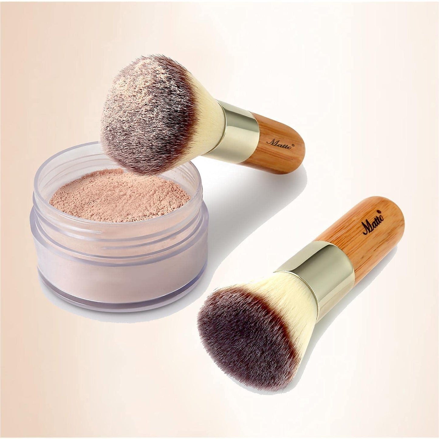 2-Piece Short Makeup Brush Set with Powder and Foundation Brushes | Short bamboo handle makeup brushes for travel. Powder brush for loose or pressed powder. Foundation brush for liquid, cream