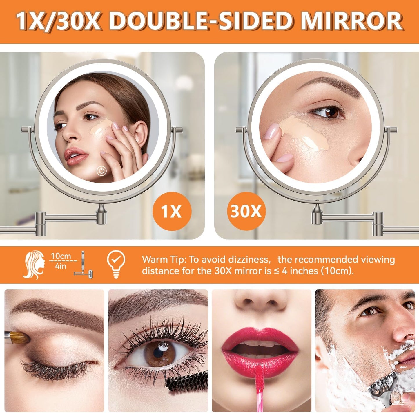 Auxmir 1X/30X Wall Mounted Makeup Mirror, 8" Rechargeable Magnifying Mirror | double-sided button, 3200mAh, 3 dimmable colors, 360° rotation, extended arm, 30X magnification, bathroom, nickel