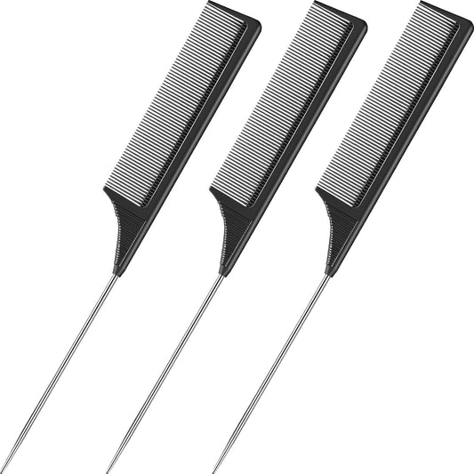 Leinuosen 3 Pack Rat Tail Comb Carbon Fiber,Black | Steel Pin Tail for Sectioning, Heat Resistant Teasing, Pick Comb for Women Wig Styling, Fishtail Design for Salon Updos