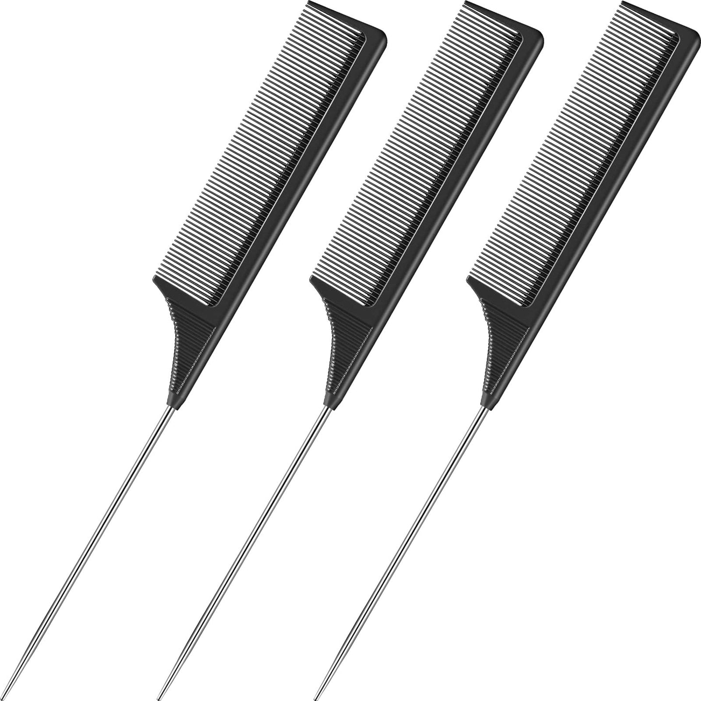 Leinuosen 3 Pack Rat Tail Comb Carbon Fiber,Black | Steel Pin Tail for Sectioning, Heat Resistant Teasing, Pick Comb for Women Wig Styling, Fishtail Design for Salon Updos