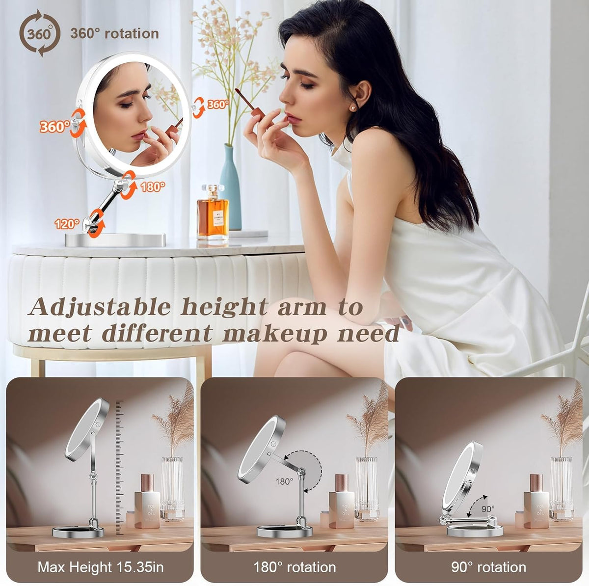 Tabletop Makeup Mirror with Built-in Vanity Tray, 9" Rechargeable 4000mAh Lighted Vanity Mirror 1X/10X Magnification, Height-Adjustable Arm, 3 Color Dimmable (9Inch Chrome)