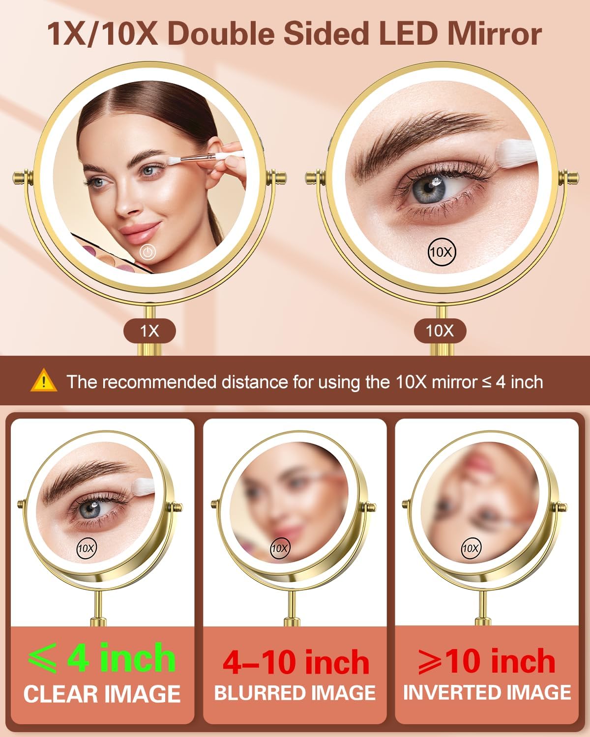 7" Lighted Makeup Mirror with 3 Color Lights & 10X Magnification, Adjustable Brightness & Height, 360° Swivel Rechargeable 10X LED Magnifying Vanity Mirror with Light, Gold