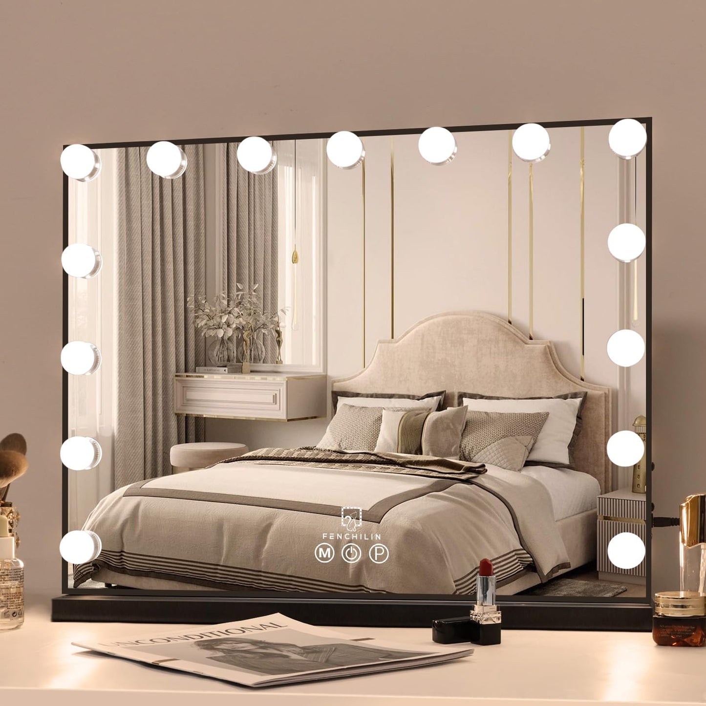 FENCHILIN Vanity Mirror with Lights, Hollywood Lighted Makeup Mirror with 15 Dimmable LED Bulbs for Dressing Room & Bedroom, Slim Metal Frame Design, Tabletop White