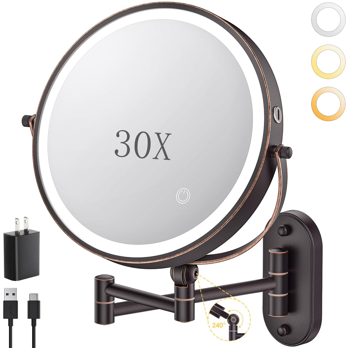 ZLOKLA 9" Wall Mounted Lighted Makeup Mirror,4000mAh Rechargeable Double Sided 1X/30X Magnifying Mirror with Light,Touch Dimmable,Extended Arm 360 Rotation Wall Mounted Makeup Mirror 3 Color Lights-N