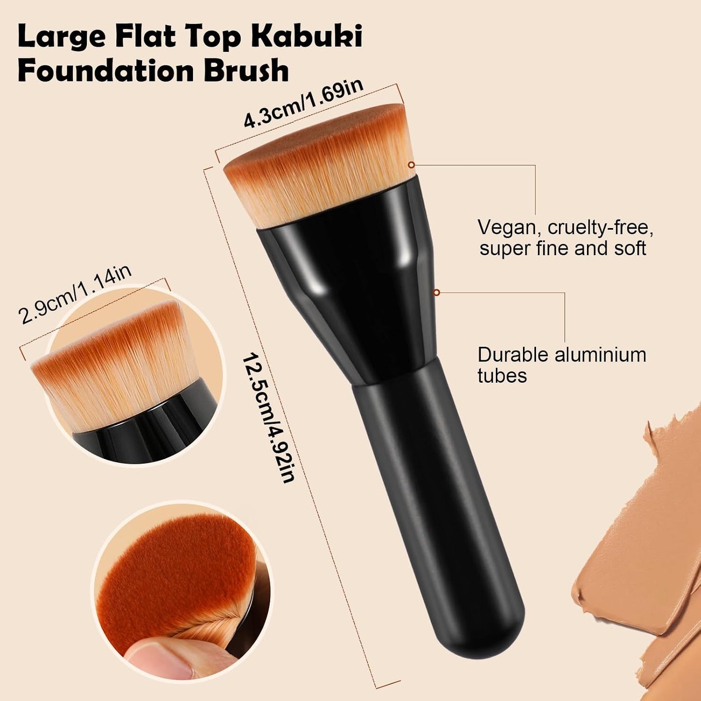 Foundation Brush for Mature Skin, Flat Top Kabuki Makeup Brush for Liquid Foundation, Cream & Powder, Premium Face & Body Buffing Blending Brush for Streak-Free Finish