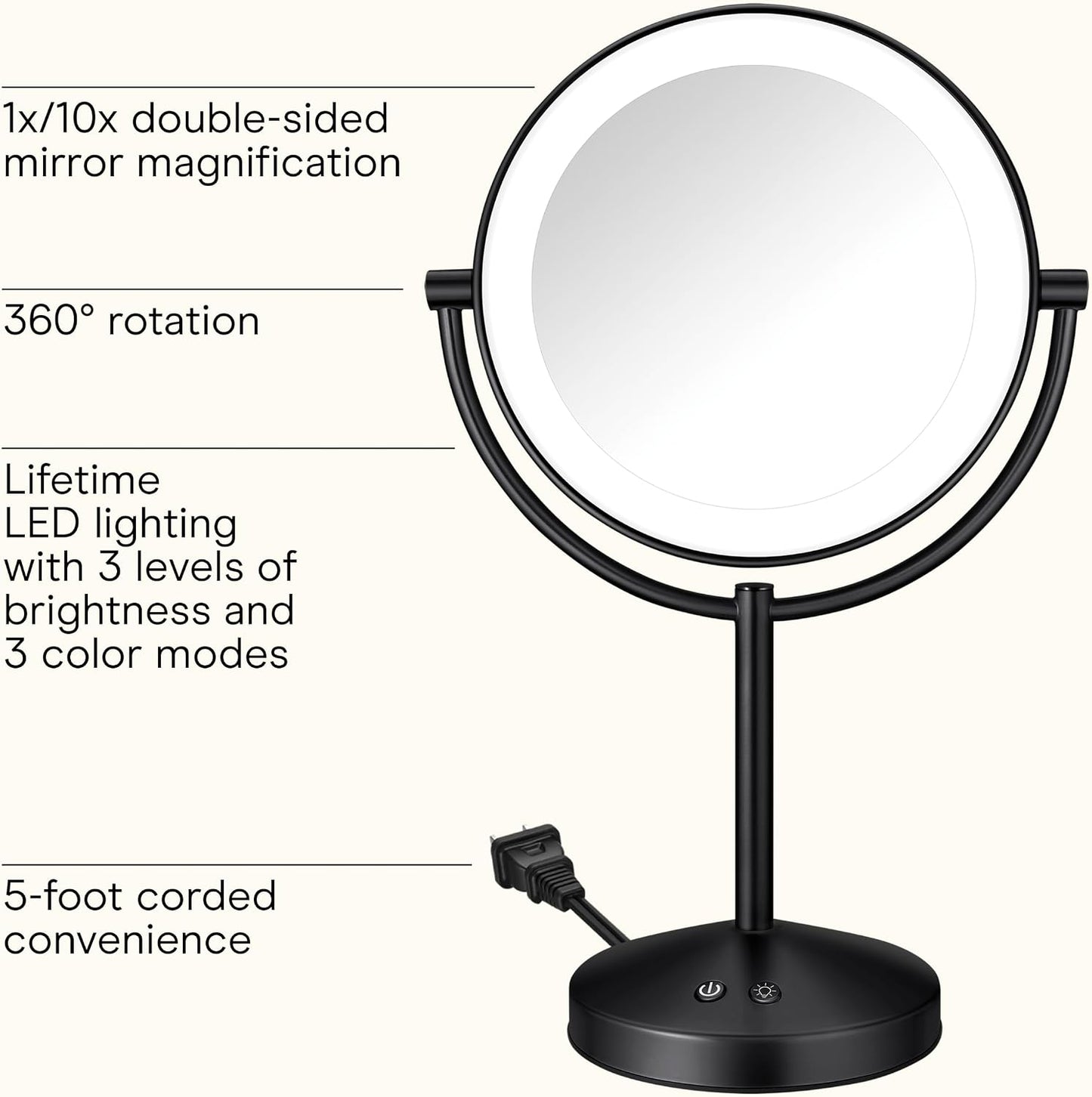 Conair Lighted Makeup Mirror, Double-Sided LED Vanity Mirror with 1X/10X Magnification, 3 Light Settings, 3 Modes, 360° Rotation, Matte Black Finish