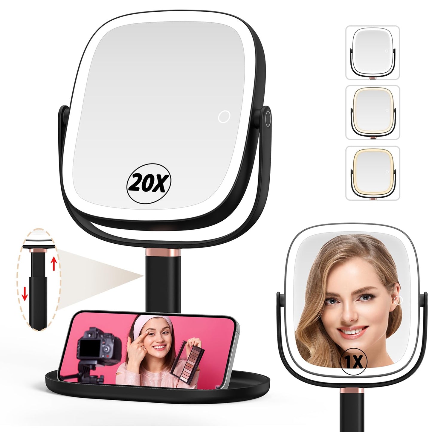 Mocado Makeup Mirror with Lights, 1X/20X Magnifying Mirror with Light | 3 Colors Lights, Phone Holder, 360° Rotation, Height Adjustable, 0-100% Brightness Adjustable, Memory Function (White)