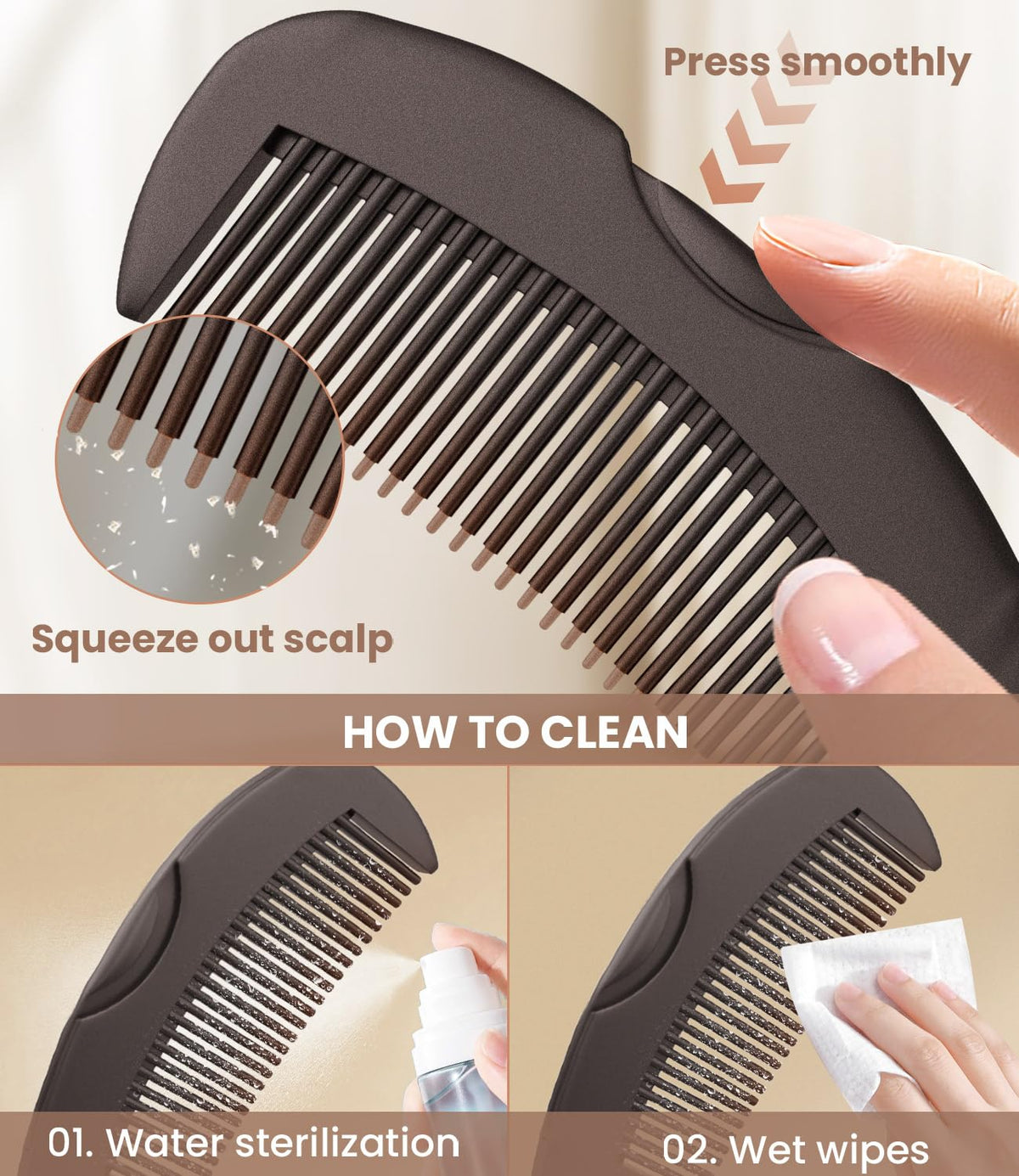 Dandruff Comb Removal 2PC Hollow Fine Tooth Scalp Detox Hair Care Tool | Build Up Flake Lice Comb, 0.5 & 2mm Stainless Steel Teeth, Self Cleaning, Button Release, Scalp Massage Handle, Women Men Kid