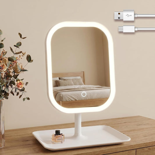 Touch-Sensitive Controls Vanity mirrorr, Makeup Mirror with LED Light, 2400mAh Rechargeable, 270-degree Rotation Adjustment,Beauty Vanity Mirror with Lights， Portable Travel, 3 Light Color (White)